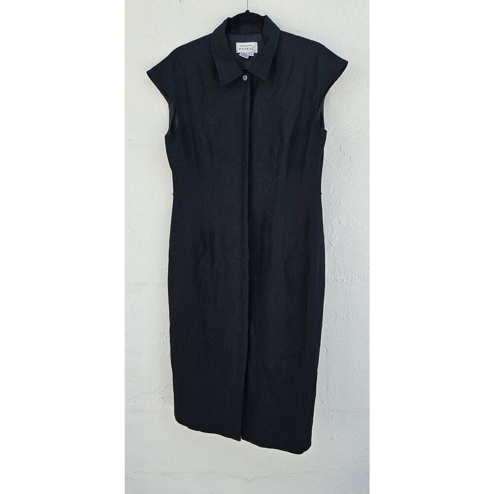 Adrianna Papell Dress Women Size 8 Black Linen Blend Button Up Career Cap Sleeve